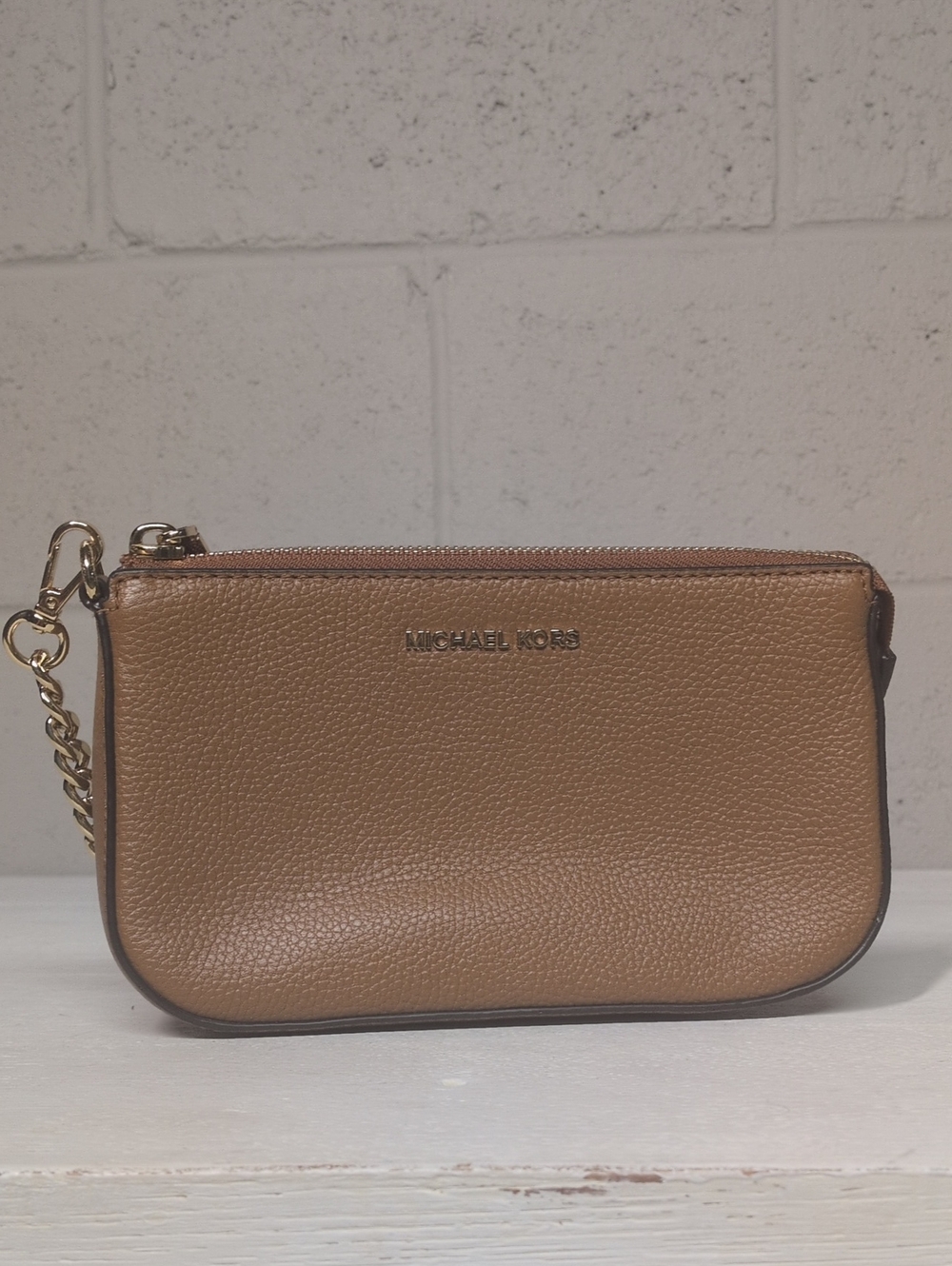 Michael Kors Luggage Leather Mini Shoulder Bag Gold Chain Link Wristlet